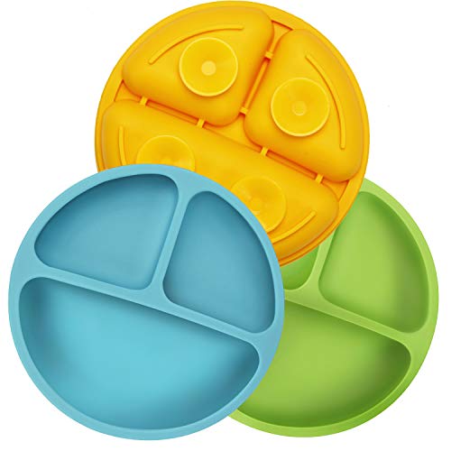 PandaEar Platos antideslizantes con ventosas de silicona para bebé y niños - Platos estables y divididos – sin BPA – Paquete de 3 – Apto para lavavajillas y microondas (Azul/verde/amarillo)