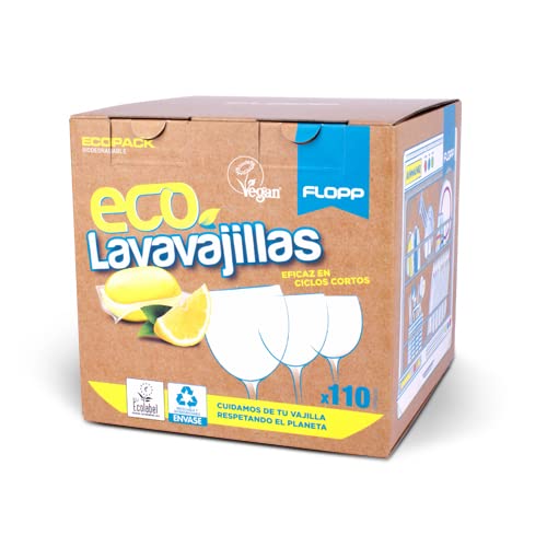 Flopp - Cápsulas Lavavajillas Ecológico | 110 Cápsulas con Envase Biodegradable | Etiqueta EU Ecolabel | Abrillantador con Protección del Cristal | Formula Vegana