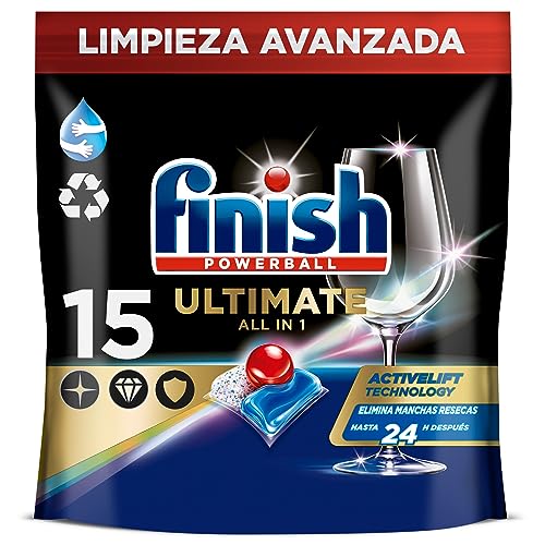 Finish Powerball Ultimate All in 1 Pastillas para el lavavajillas, eficaz contra manchas resecas, pack ahorro 15 pastillas