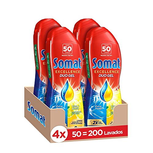 Somat Excellence Gel Lima y Limón 50 Dosis (pack de 4, total: 200 lavados), detergente desengrasante, lavavajillas líquido automático en botella, jabón para platos que elimina suciedad
