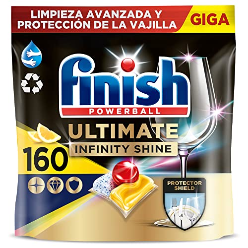 Finish Powerball Ultimate Infinity Shine, pastillas para el lavavajillas con protección de la vajilla, Limón, 160 pastillas