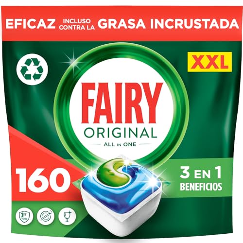 Fairy Original Todo En Uno Pastillas Lavavajillas, 160 Capsulas, Elimina Grasa Reseca, Detergente Lavavajillas con Aroma a Limpio y Fresco